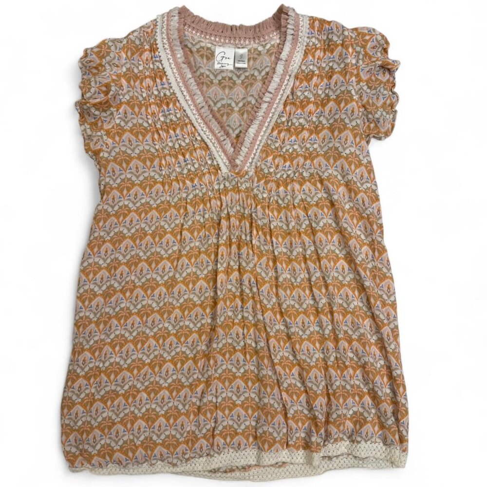 Boho Print Tunic Coverup with Crochet Hem, Fringe Trim, Flutter Sleeve  | Size S
